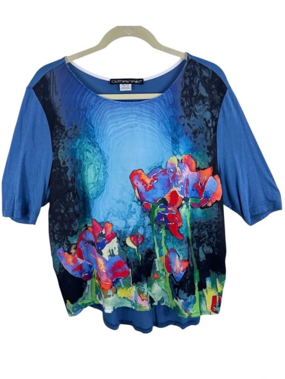 ClothesHead Blue Colorful Floral Watercolor Abstract Short Sleeve Blouse Size XL